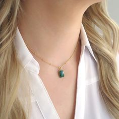 "I fell in LOVE with this stone the moment I had it! This sweet little emerald necklace is the perfect gift for a May birthday, someone with a green alma matter, or an emerald lover! It's hung on a satellite chain for a little extra texture - a beautiful conversation starter. Shop Landon Lacey Jewelry » www.etsy.com/shop/landonlacey it's in the DETAILS . . . » Gold filled or sterling silver satellite chain » Genuine raw emerald quartz gemstone, polished and faceted » The model is petite and is w Elegant Everyday Birthstone Necklace With Natural Stones, Elegant Birthstone Necklace With Natural Stones For Everyday, Delicate Charm Necklace With Natural Stones For Gifts, Delicate Charm Necklaces With Natural Stones For Gift, Delicate Natural Stones Charm Necklace For Gift, Emerald Necklace With Delicate Chain For May Birthstone, May Birthstone Emerald Necklace With Delicate Chain, Dainty Gemstone Charm Necklaces For Gifts, Everyday Pendant Necklace With May Birthstone