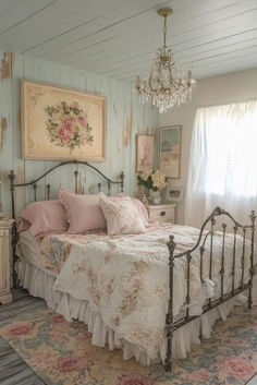 a bed sitting in a bedroom under a chandelier next to a painting on the wall