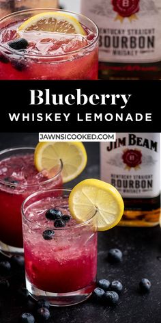 blueberry whiskey lemonade is garnished with fresh blueberries