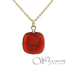 This beautiful vintage pendant is crafted in 10 karat yellow gold and features a carved amber-color glass intaglio of Demeter with wheat in her hair. The pendant measures 1 inch in length by 3/4 inch wide. The pendant is not stamped, but tested in house as 10 karat gold. The maker is unknown. Included is a 16 inch 14 karat yellow gold chain. Overall great condition with antique wear, mostly to the back of the glass intaglio which has some light scratching and scuffing. Please view all photos.  T Cabochon Ring, Vintage Pendant, Star Ring, Amber Color, Yellow Gold Chain, Amber Glass, Gold Chain, Beautiful Rings, Ring Designs