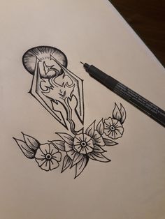 a pencil drawing of flowers and a clock on a piece of paper with a marker