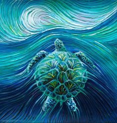 a painting of a turtle swimming in the ocean with waves coming up from it's back