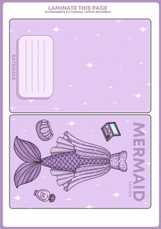 a purple card with an image of a fish and other items