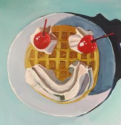 a painting of waffles and cherries on a plate