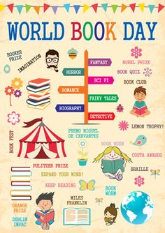 the world book day poster with children's books and information about their favorite authors