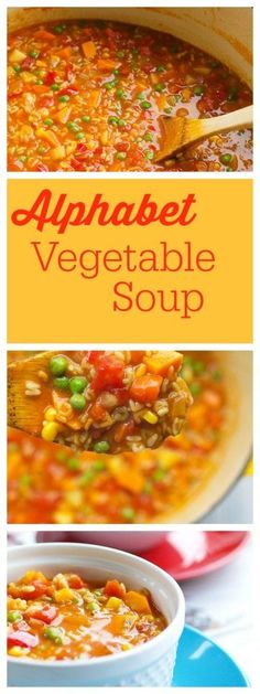 an image of vegetable soup in a bowl with the words alphabet vegetable soup above it