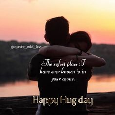 two people hugging each other with the sun setting in the background and text that reads, happy hug day