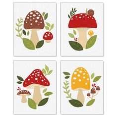 four different types of mushrooms with leaves on them