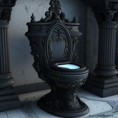 a black toilet sitting in the middle of a room next to pillars and floor tiles