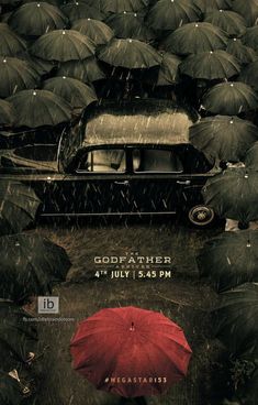 a movie poster for the film godfather with an image of a car and umbrellas