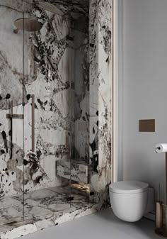 a white toilet sitting next to a shower in a bathroom with marble walls and floor