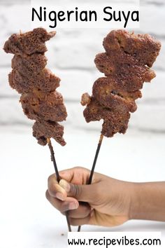 someone is holding two skewers with meat on them and the text reads, how to make nigerian suya