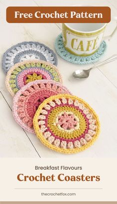 four crocheted coasters sitting next to a coffee cup on a white table