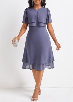 Color:Dusty Purple;Size:S;Size:M;Size:L;Size:XL;Size:XXL;Package Contents:1 X Dress;Occasion:Other;Style:Casual; Summer Knee-length Mother Of The Bride Dress, Half Skirt And Top, Dusty Purple Dress, Layered Short, Elegant Wedding Guest Dress, Round Neck Dress, Boutique Style Outfits, Plus Size Party Dresses, Bridal Dress Fashion