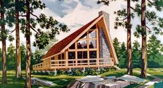 this is an artist's rendering of a cabin style house in the woods,