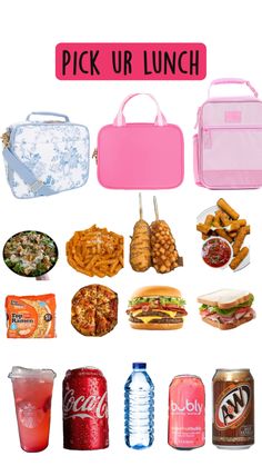 a pink lunch box with different foods and drinks on it that says pick up lunch