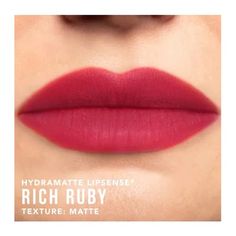 a woman's lips with the words, hydrate lipense rich ruby texture matte mate