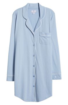 Vibrant piping outlines this classic nightshirt styled to flatter the figure with a curved collar and shirttail hem. Notched collar Long sleeves 100% cotton Machine wash, dry flat Made in Peru Blue Collared Cotton Sleepwear, Casual Cotton Tops For Night, Classic Cotton Nightgown For Sleep, Elegant Long Sleeve Cotton Sleepwear, Classic Cotton Long Sleeve Sleepwear, Classic Cotton Sleepwear With Long Sleeves, Classic Long Sleeve Cotton Sleepwear, Classic Blue Sleepwear For Bedtime, Classic Spring Sleepwear For Bedtime