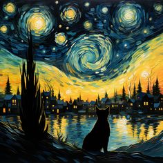 a painting of a cat sitting in front of a night sky