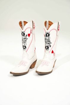 Queen A Hearts Leather Boot in White Homesteading Animals, Dingo Boots, Virtual Wardrobe, Closet Goals, Shoe Inspo, Leather Boot, 4 Inch Heels, 2024 Fashion, Dream Shoes