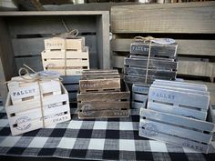 several wooden boxes are stacked on top of each other