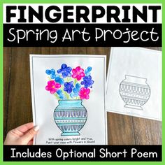 fingerprint spring art project with flowers in a vase and an image of a potted plant