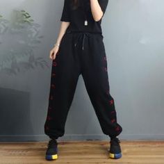 Casual Black Embroidered Bottoms, Trendy Embroidered Pants For Fall, Fall Letter Print Sweatpants, Casual Embroidered Pants For Streetwear, Casual Black Embroidered Pants, Casual Embroidered Winter Bottoms, Casual Embroidered Pants For Loungewear, Dark Coffee, Casual Trousers