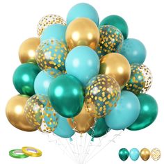 a bunch of blue and gold balloons with confetti