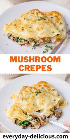 mushroom crepes on a white plate with text overlay