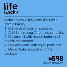 the instructions for making cake mix that is in front of a blue background with text