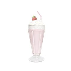 a pink milkshake with whipped cream and strawberries on the top is shown