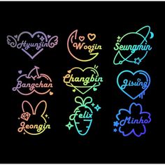 six neon stickers with the words, i love you and two hearts in different colors