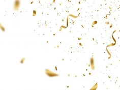 gold streamers and confetti are falling down on the white background with copy space