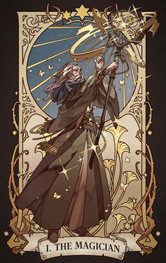 the magician tarot card with an image of a wizard holding a wand and stars