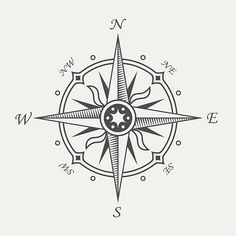 a black and white drawing of a compass with the letter s in it's center