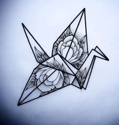 an origami bird with flowers on it's wings is drawn in black ink