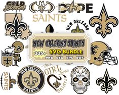 the new orleans saints svg bundle includes football helmets, skulls and other sports related items