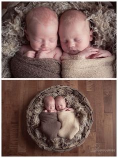 two newborn babies are sleeping in a basket