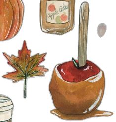 an apple, maple leaf, and jar of maple syrup on a white background with autumn leaves