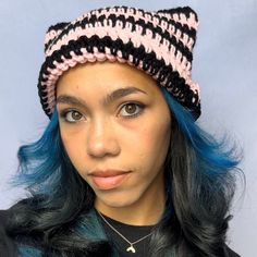 Crochet Striped Cat Ear Beanie, crocheted by me:) 💗Message me for any color or size customizations *Like most hats, this crochet hat will stretch out over time and mold to the shape of your head! 💗Measurements💗 Height: 7  inches Circumfrance: 22 inches 💗More cat beanies💗 Pink 2 Stripe cat beanies: https://www.etsy.com/listing/1397483846 Multi color 2 stripe cat beanies: https://www.etsy.com/listing/1411641145 3 stripe cat beanies: https://www.etsy.com/listing/1417539610 Spider-Man cat beanie: https://www.etsy.com/listing/1390640165 Scrap yarn striped cat beanie: https://www.etsy.com/listing/1382043774 Heart Cat beanie: https://www.etsy.com/listing/1378464588 Cat beanie with fluffy brim: https://www.etsy.com/listing/1398593431 Black cat beanie with fluffy brim: https://www.etsy.com/lis Spider Man Cat, Black And Pink Crochet, Striped Cat Ear Beanie, Cat Beanies, Cat Ear Beanie, Bonnet Au Crochet, Ear Beanie, Cat Eared Beanie, Cat Beanie