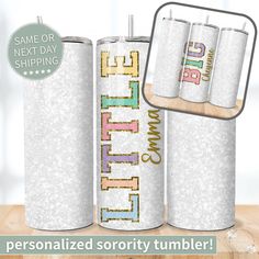 three personalized tumblers are sitting on a table