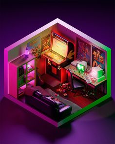 an image of a computer room in the shape of a hexagonal house with neon lighting