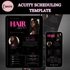 the hair salon flyer template is shown in black and pink colors, with an image of a