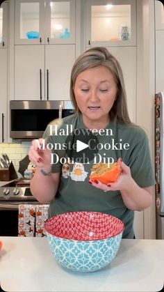 a woman is making a halloween cookie dough dip