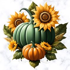 a green pumpkin with sunflowers and leaves around it