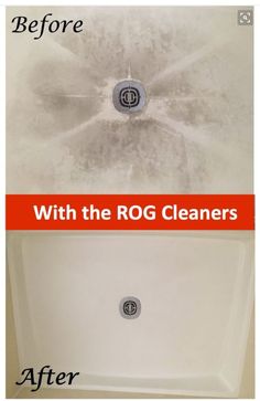 before and after photos of a bathtub with the rog cleaners logo on it