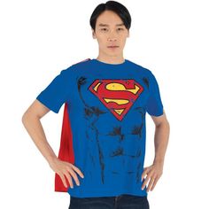 Rep your favorite DC superhero with this Superman T-Shirt! It features Superman's chest logo and muscular torso printed onto a blue short-sleeved tee. Add on the included cape to dress up for your next Halloween or themed party. pbAdult Superman Costume T-Shirt product details:-b-p ul liShirt ul liPrinted design-li liCotton-li -ul -li liCape ul liPrinted logo-li liPolyester-li -ul -li liDoes not include shoes or pants-li liReview the size chart for sizing information-li -ul pOfficially licensed Superman Adult Costume, Mens Superman Costume, Superman Cosplay Men, Superman Outfit, Superman Tshirt, Superman Costumes, Superman T Shirt, Got Party, Red Cape