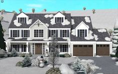 this is an artist's rendering of a large house with snowman in front