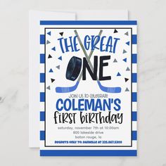 an ice hockey birthday party card with the text,'the great one is to celebrate colemans first birthday '