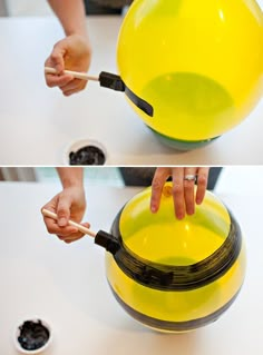 two pictures showing the process of painting a yellow vase with black handles and spoons